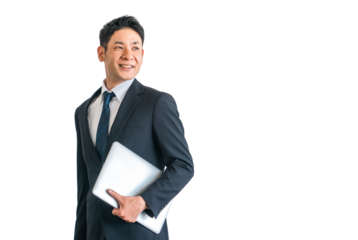 パソコン・ノートパソコンを持つスーツ姿の中年アジア人ビジネスマン
