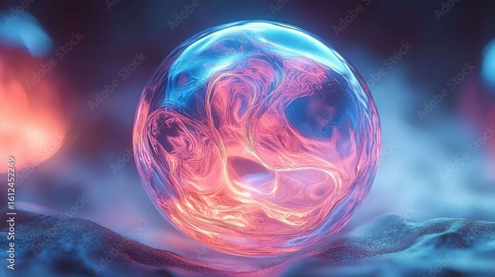 Poster a glowing translucent sphere with swirling pink and blue mist inside resting on a textured surface, 