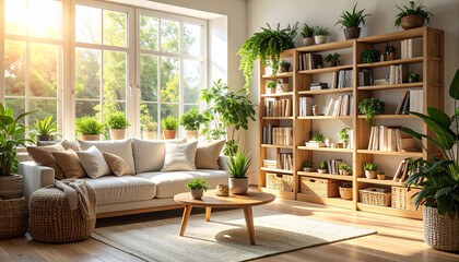 Interior of a bright and modern living room with natural plants, neutral tones, Scandinavian design, cozy furniture and sunlight coming through the window, photorealistic