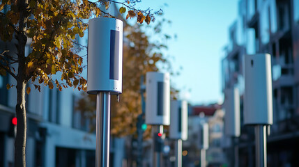 A row of street lights with a tree in the background. The street lights are white and are placed on poles
