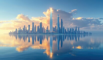 Modern city skyline with numerous high-rise buildings and skyscrapers reflecting on calm water under a partly cloudy sky at sunrise or sunset, creating a serene and majestic atmosphere