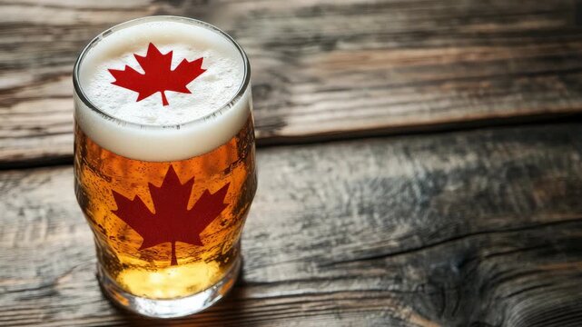 Glass of beer with maple leaf decals on wooden table