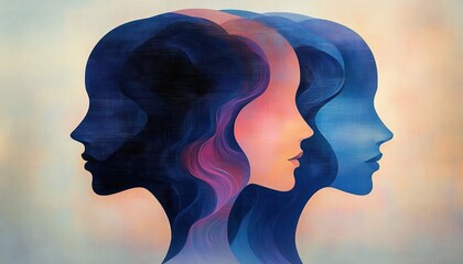 Abstract painting of three overlapping female profiles in shades of blue and pink expressing introspection and emotional complexity