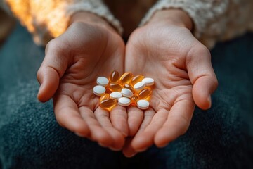 Close-up of cupped hands holding a mixture of white round tablets and amber soft gel capsules, conveying care and health awareness