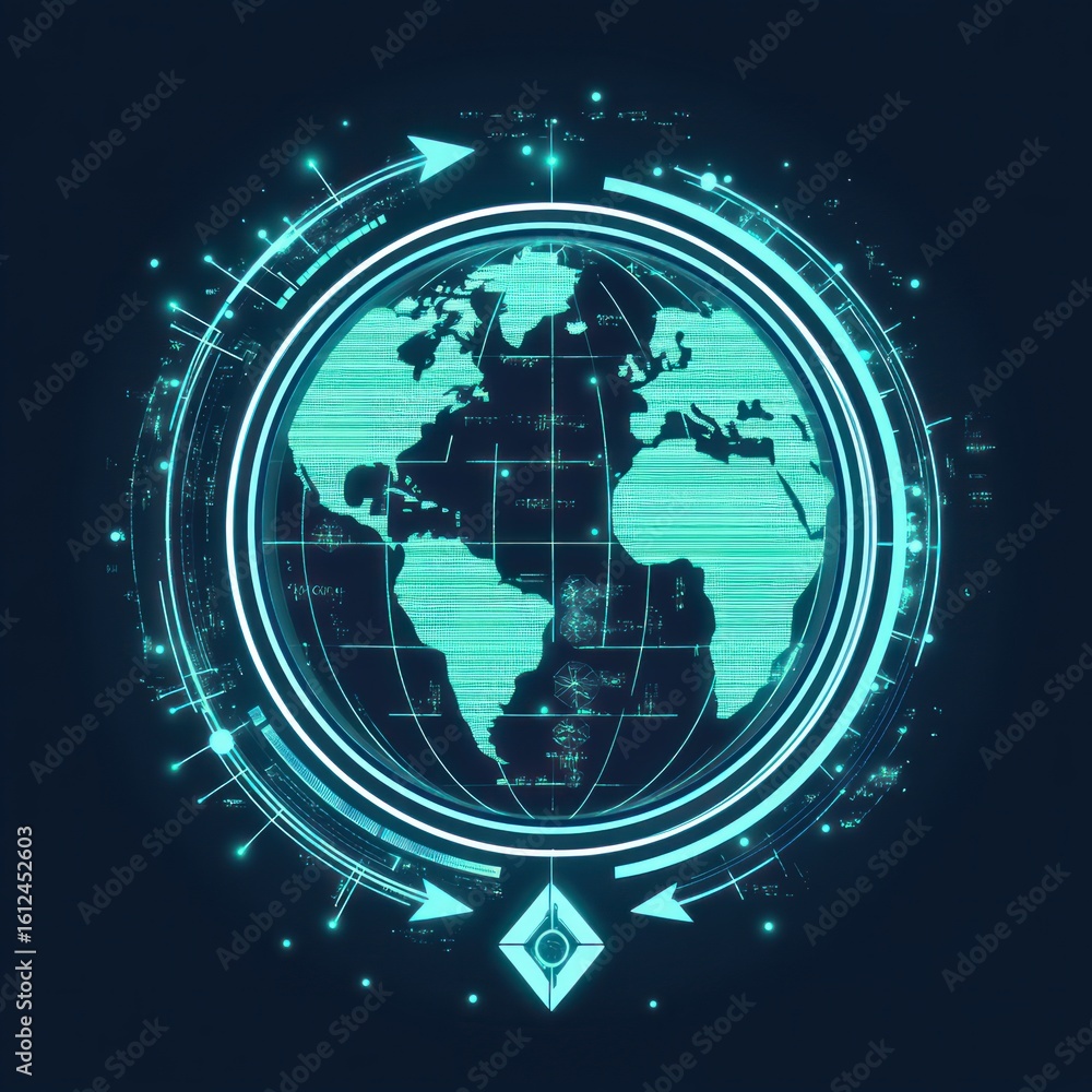 Poster futuristic holographic digital globe with circular interface and data visualizations in glowing blue