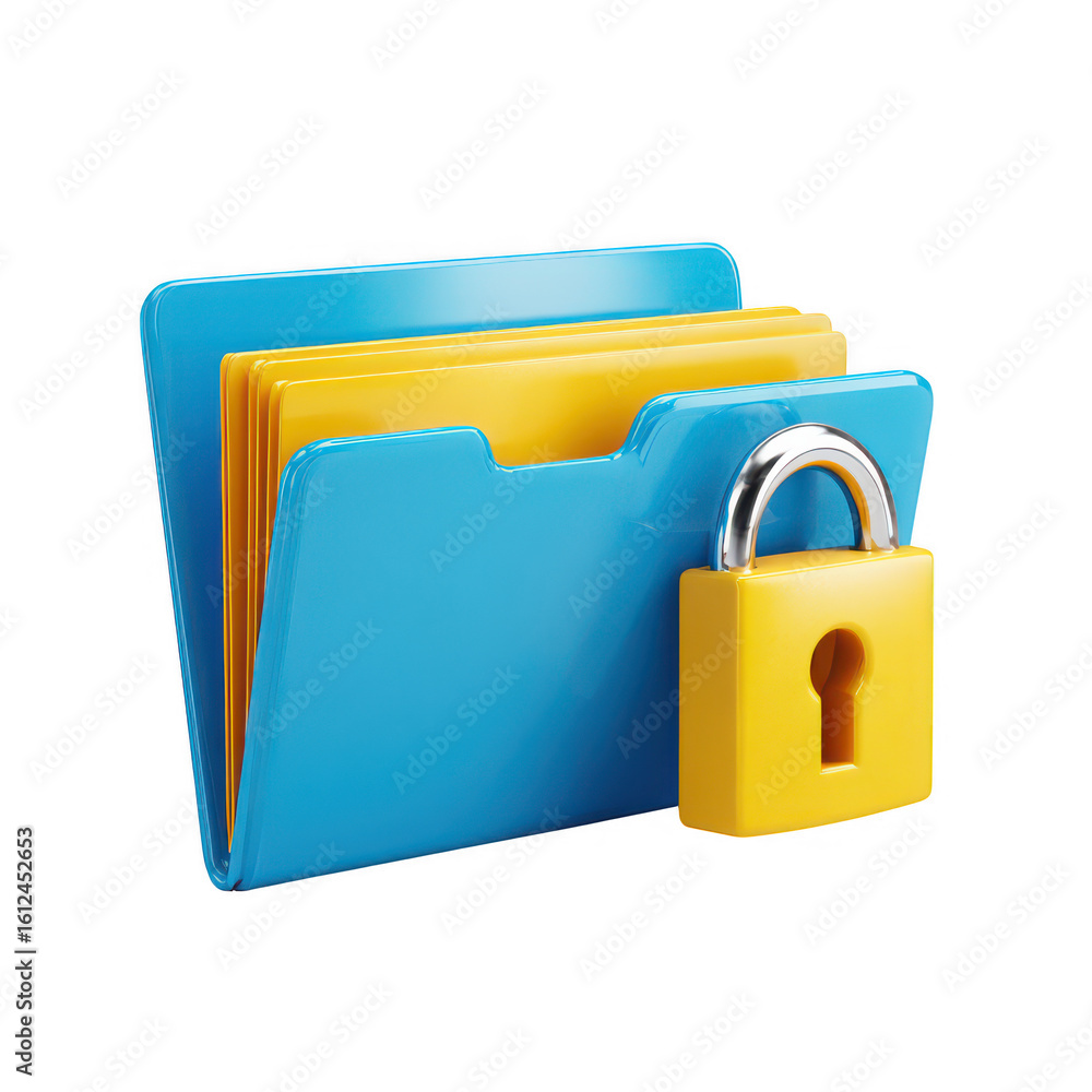 Poster blue folder with yellow documents and padlock isolated on a transparent background