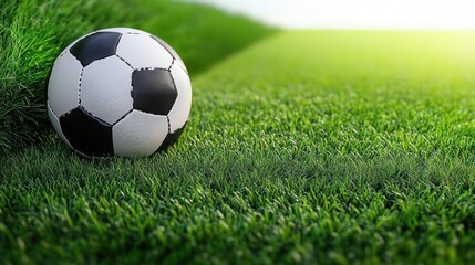 Fototapeta premium classic black and white soccer ball resting on lush green grass field with sunlight in background