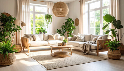 Interior of a bright and modern living room with natural plants neutral tones Scandinavian design