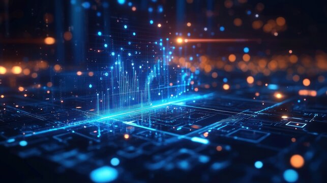 Futuristic digital cityscape with glowing blue data streams and circuits against a dark background with scattered orange lights, evoking advanced technology and innovation