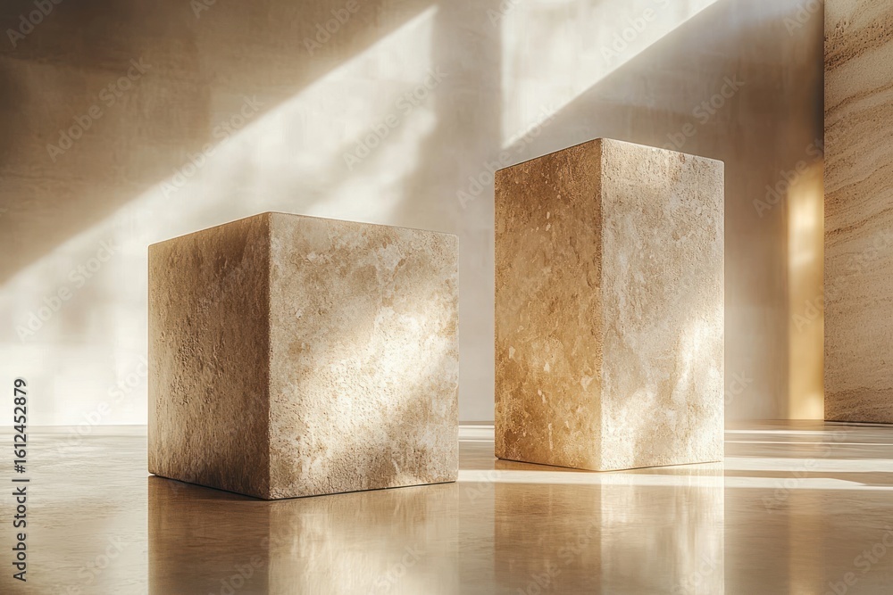 Poster two textured stone blocks of different heights standing on a polished floor with soft natural light and shadows creating a calm and minimalistic atmosphere