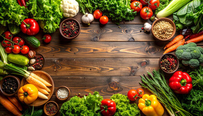 Overhead shot of fresh organic vegetables on a wooden kitchen counter, natural lighting, top view, clean composition, rustic style