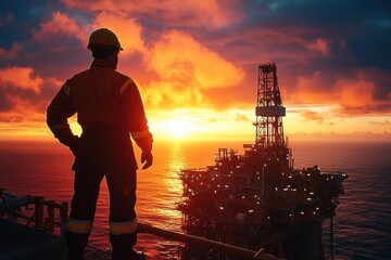silhouette of a worker in protective gear overlooking an offshore oil rig during a vibrant sunset over the ocean, evoking determination and industrial strength