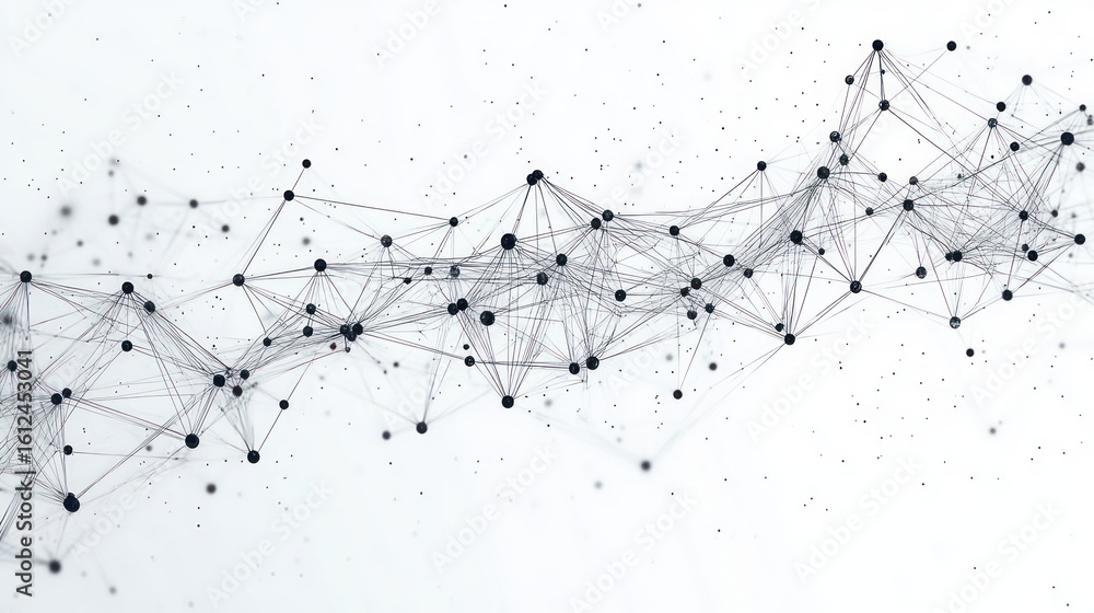 Poster abstract network of interconnected black dots and lines forming a complex web on a white background,