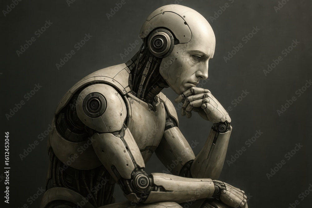 Aufkleber contemplative humanoid robot in thinking pose representing artificial intelligence evolution and fut