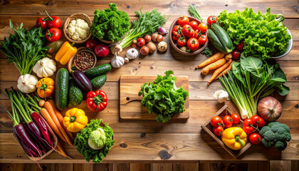 Overhead shot of fresh organic vegetables on a wooden kitchen counter, natural lighting, top view, clean composition, rustic style