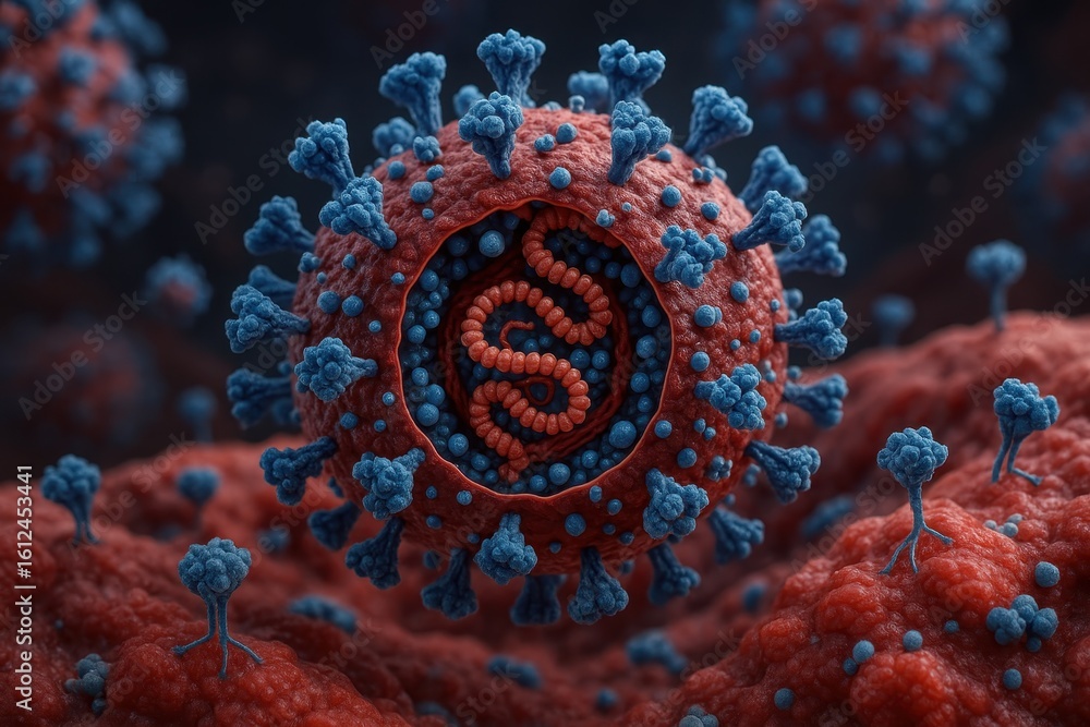 Poster dangerous pathogen visualization with detailed 3d viral structure and microscopic cellular infection