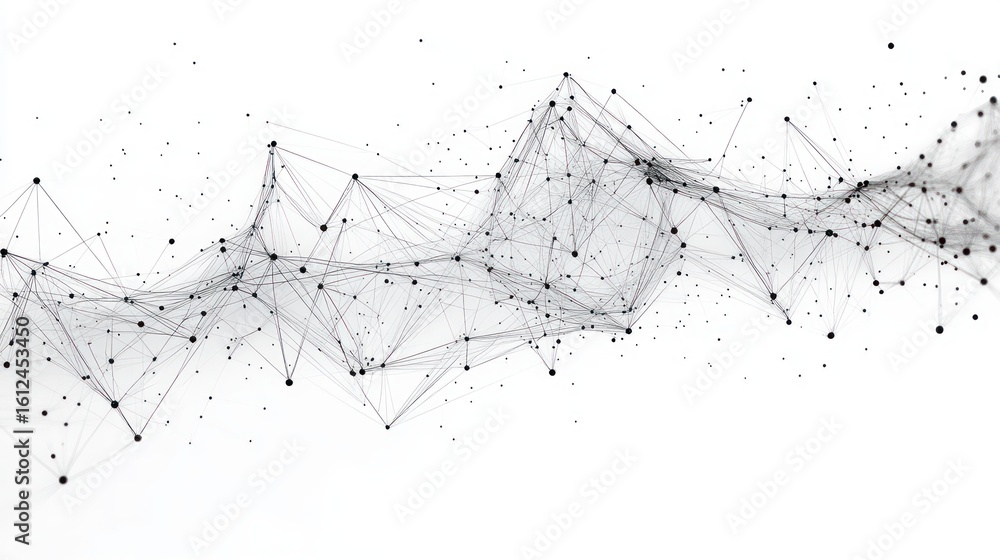 Poster abstract network of interconnected black dots and thin lines forming a complex web on a white backgr