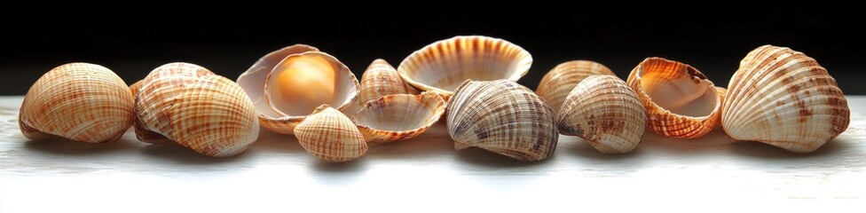 Obraz premium A row of various sea shells arranged on a white wooden surface with warm light highlighting their natural striped patterns against a black background
