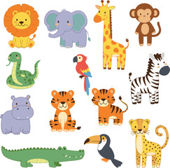 Adorable cartoon animals from the African savanna and jungle, including a lion, elephant, giraffe, monkey, zebra, tiger, and more.