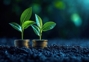 Two small green plants sprouting from stacks of gold coins placed on rich dark soil with blurred background and cool lighting, symbolizing growth and investment