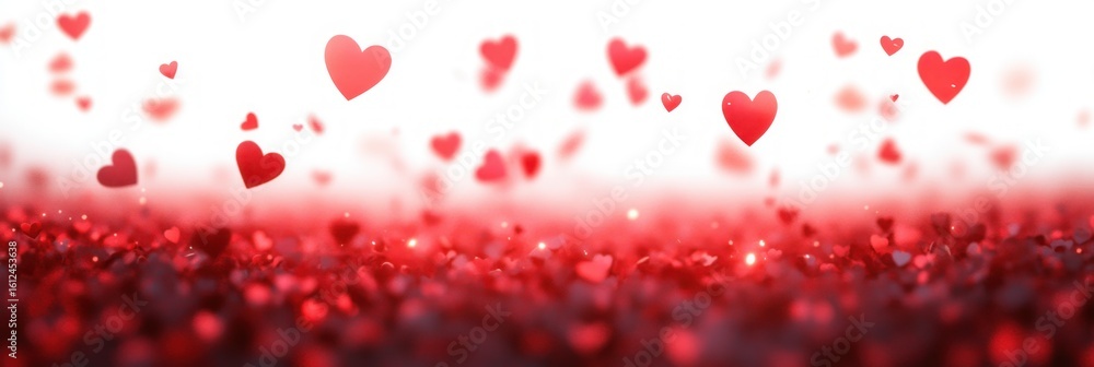 Poster abstract scene of numerous red hearts floating above a red glowing surface, creating a romantic and 