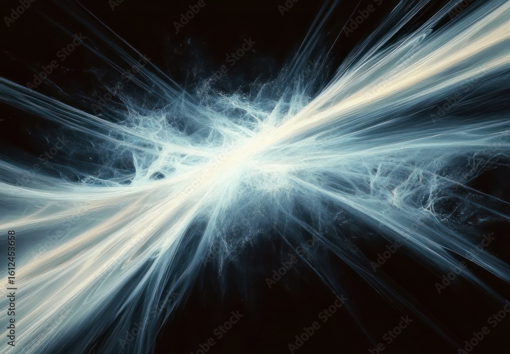 Poster abstract digital illustration of intersecting glowing light beams and smoky textures on a dark backg