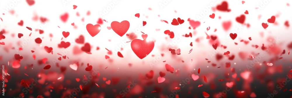 Poster scattered red heart shapes floating in the air against a soft blurred background creating a romantic