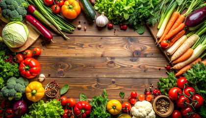 Overhead shot of fresh organic vegetables on a wooden kitchen counter, natural lighting, top view, clean composition, rustic style