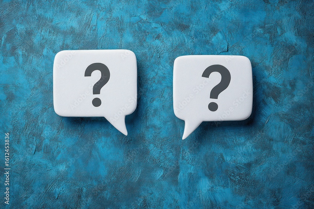 Poster two white speech bubbles with question marks on textured blue background symbolizing confusion or in