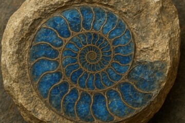 Fototapeta premium Ancient Ammonite Fossil with Crystallized Blue Calcification and Geological Discovery Specimen