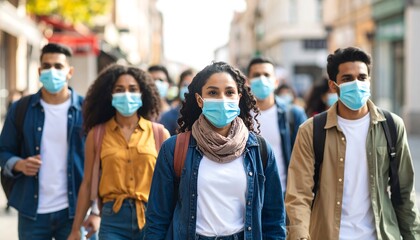 Diverse group walking outdoors wearing masks (1)