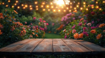 Wooden table in a colorful garden filled with blooming flowers under warm glowing string lights during sunset