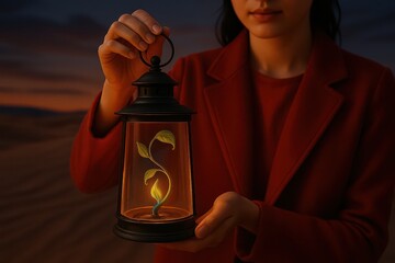 Woman holding a black lantern with a glowing plant inside against a desert sunset background