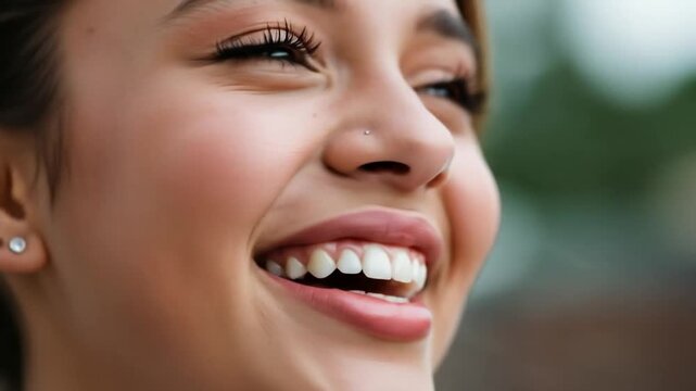 Laughing Young Adult Woman Close-up View, Showing Natural Joy and Healthy Teeth