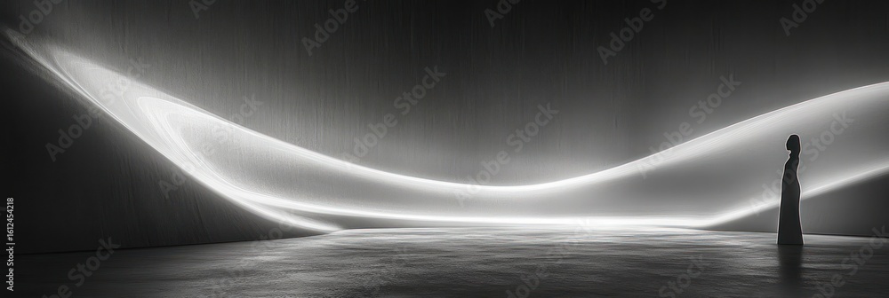 Poster silhouette of a person standing in a minimalistic dark room illuminated by smooth, flowing white lig