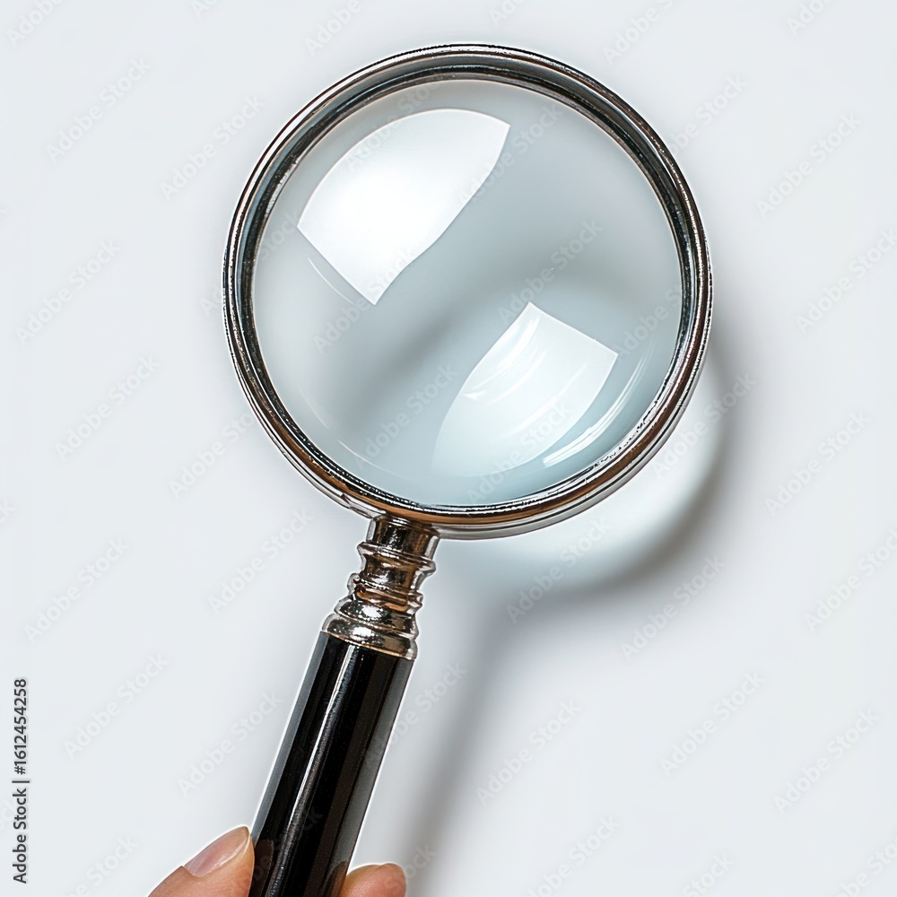 Poster hand holding magnifying glass with black handle against white background showing clear round convex 