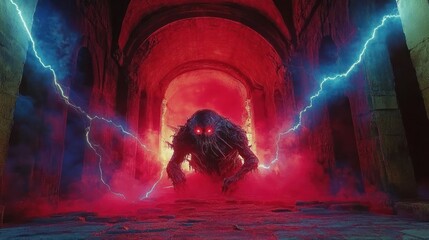 Dark monstrous creature with glowing red eyes emerging in a stone tunnel filled with red mist and blue lightning, evoking a terrifying and ominous atmosphere