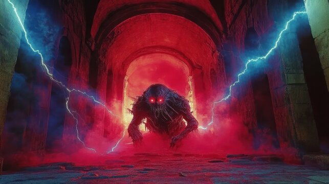 Dark monstrous creature with glowing red eyes emerging in a stone tunnel filled with red mist and blue lightning, evoking a terrifying and ominous atmosphere