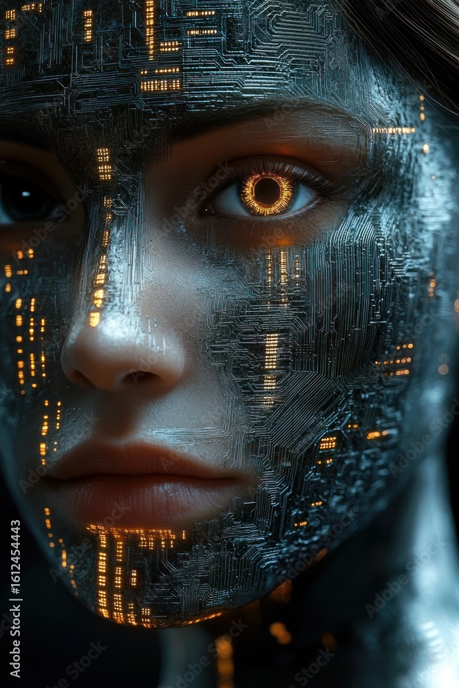 Poster close-up of a futuristic female humanoid face with illuminated circuit patterns and a glowing mechan