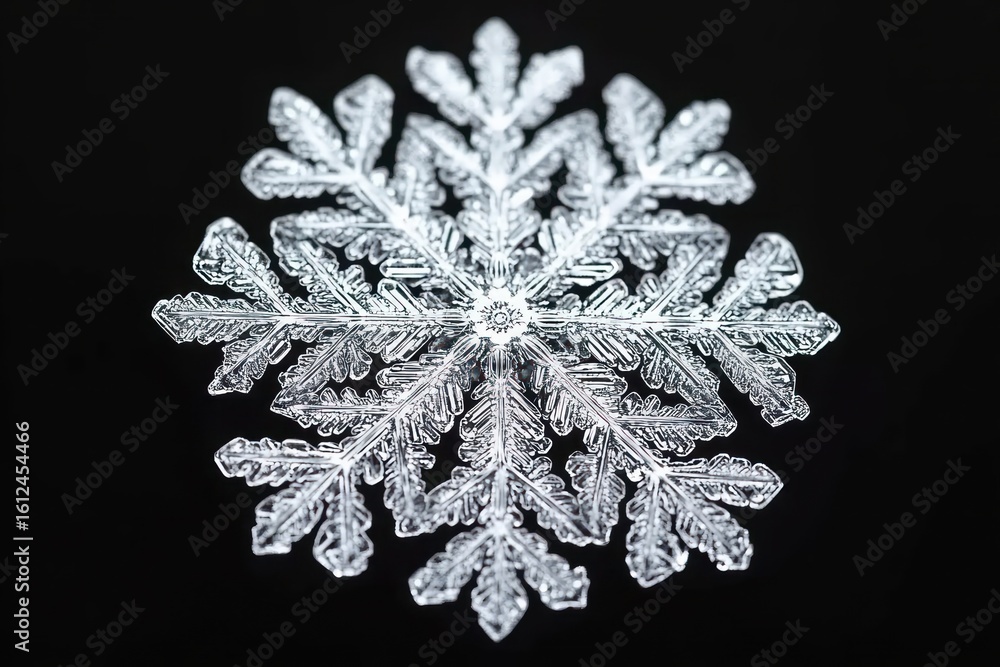 Poster close-up image of a single intricate snowflake with detailed symmetrical ice crystal patterns agains