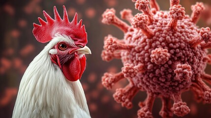 Close-up of a white rooster with a bright red comb and wattles facing a large, detailed red virus particle with a textured surface, evoking concern and alertness
