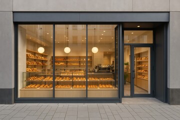 Contemporary bakery storefront with elegant glass facade and artisanal pastry display attracting customers from busy street