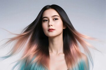 Elegant Woman with Long Flowing Ombre Hair in Pink, Peach, and Aqua Tones