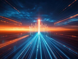 Bright beams of blue and orange light converge and radiate upward like arrows against a dramatic cloudy sunset sky, evoking speed, progress, and futuristic energy