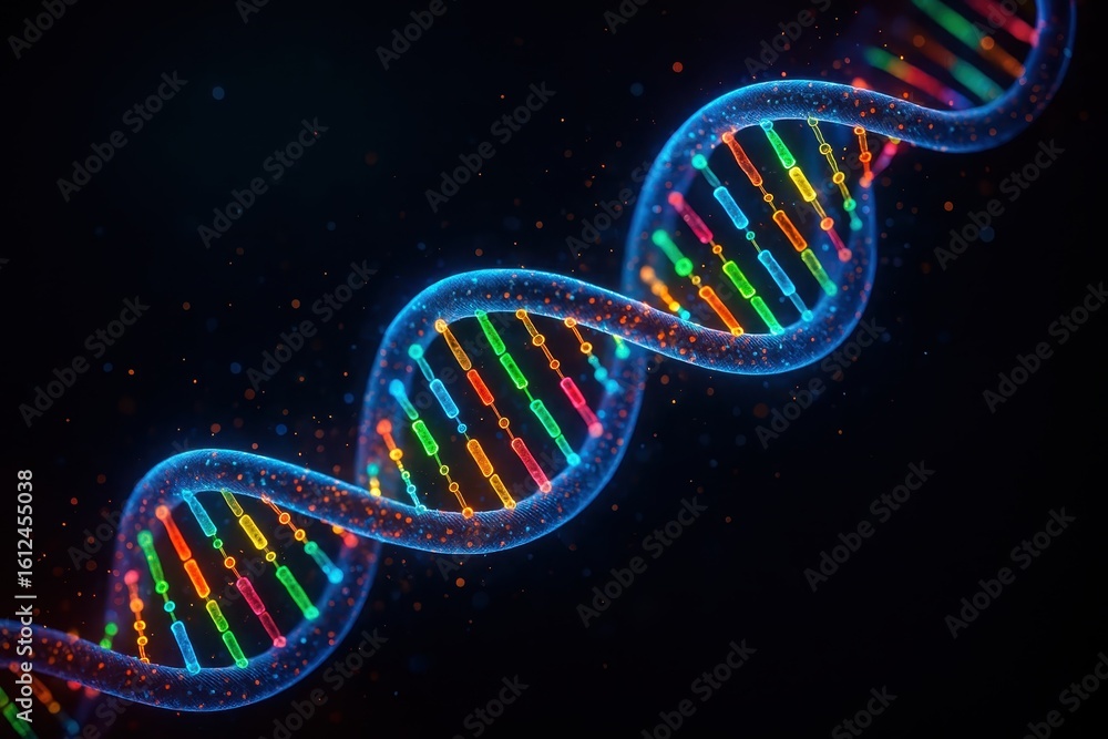 Aufkleber luminous dna double helix structure with colorful genetic sequences floating in dark molecular space