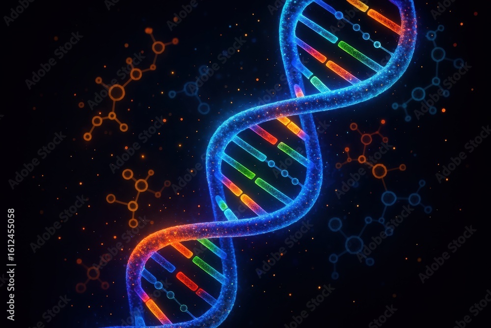 Aufkleber luminous dna double helix structure with colorful genetic sequences floating in dark molecular space