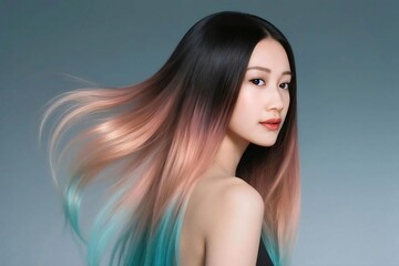 Elegant Woman with Long Flowing Ombre Hair in Pink, Peach, and Aqua Tones
