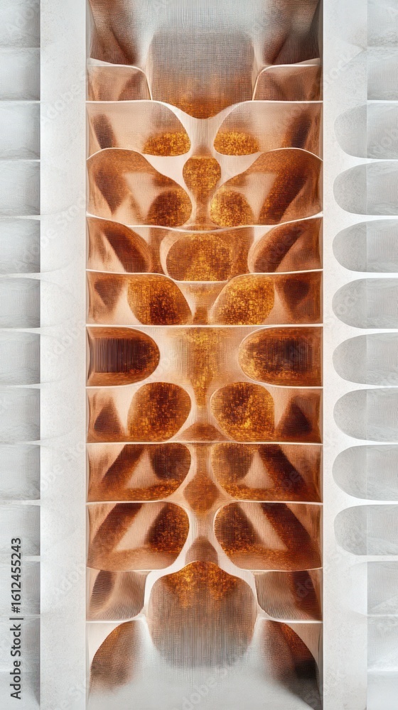 Poster abstract close-up view of symmetrical, ribbed and curved copper-colored metallic structures set betw