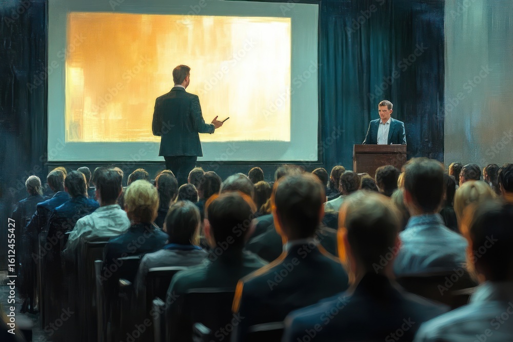 Poster businessman presenting with a tablet in front of a large audience seated in a conference room with a