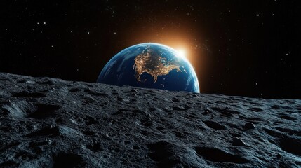 View of Earth at night with illuminated cities on the surface and a bright sunrise seen from the rocky surface of the Moon under starry space
